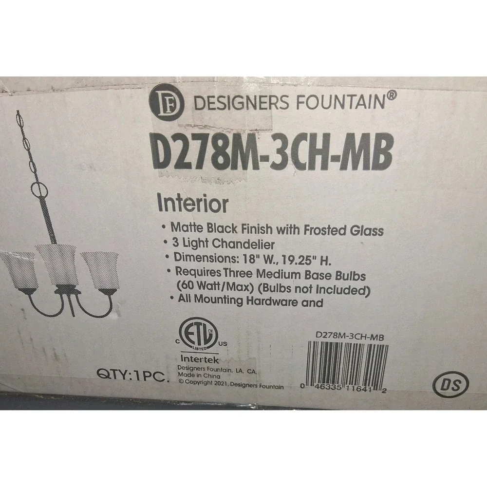 Designers Fountain Matte Black 3-Light Chandelier with Frosted Glass